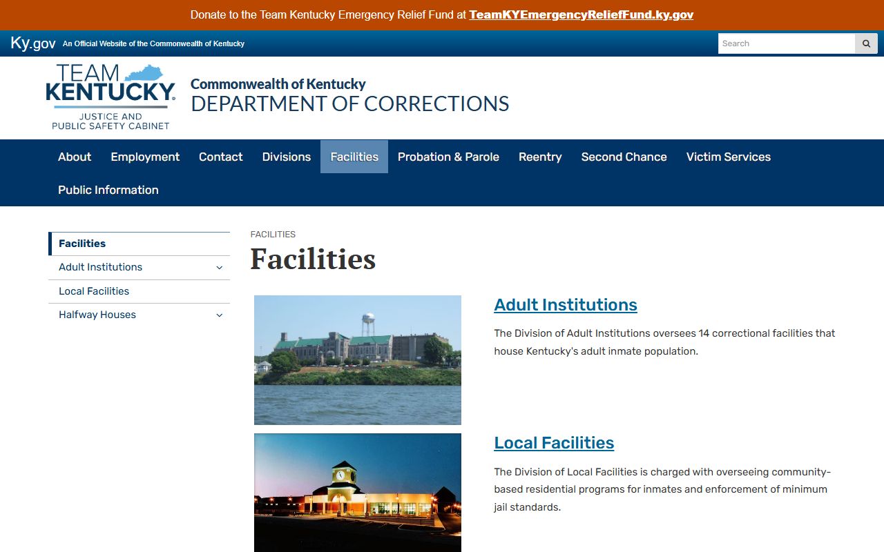 Kentucky DOC facilities page for Whitley County inmate population state custody