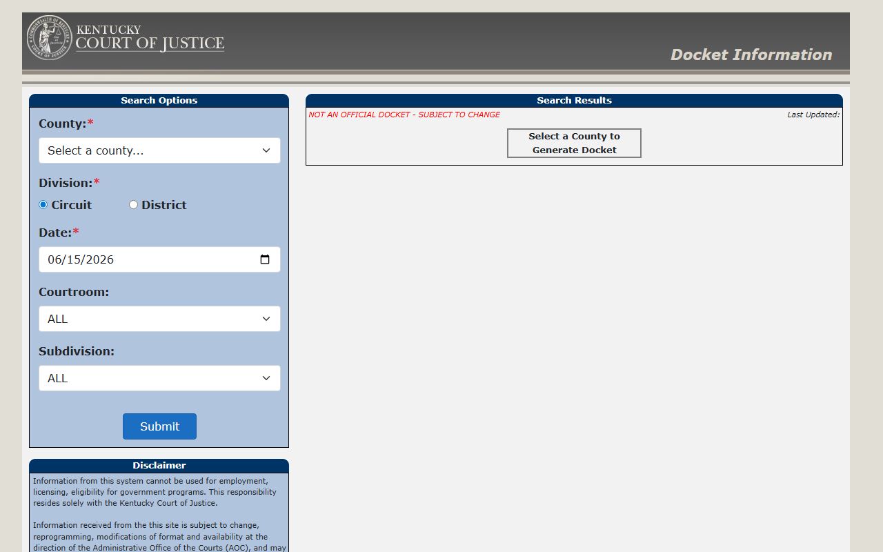 Kentucky docket search fields for Whitley County court records after arrest